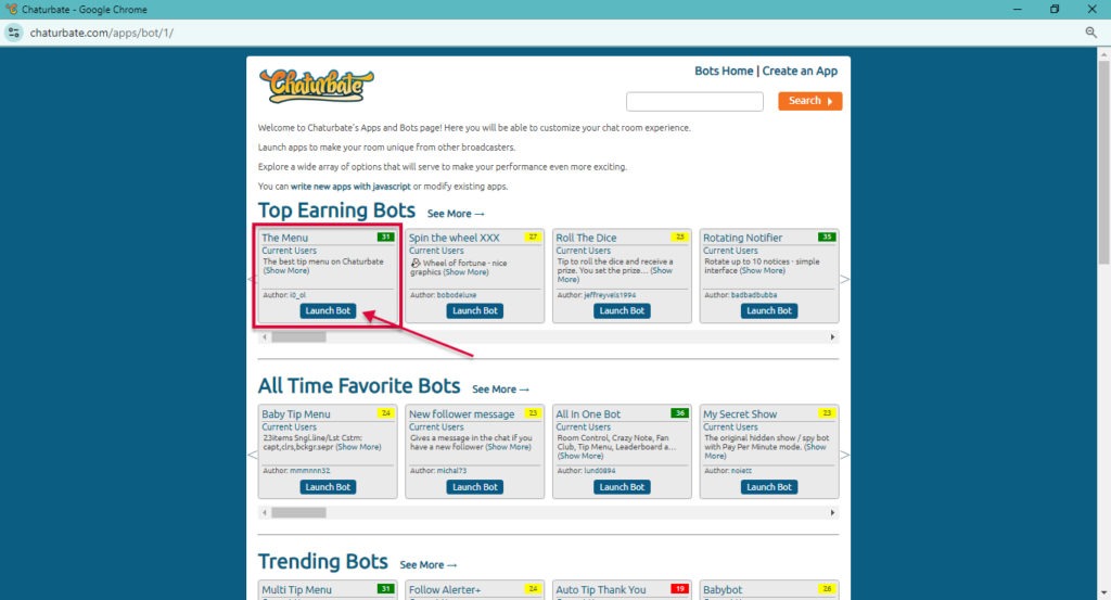 Chaturbate боты (apps): The Menu